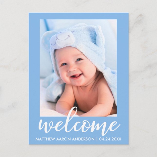 Carte Postale Faire-part Annonce de Bienvenue Nouveau Bébé Bleu (Devant)