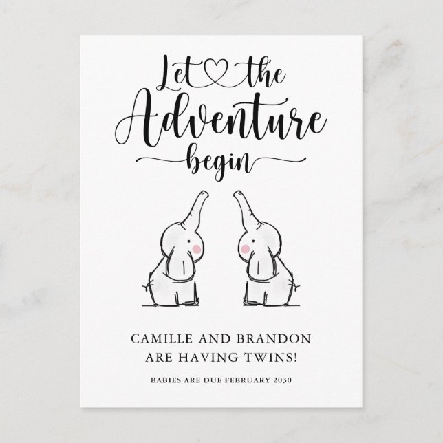 Carte Postale Faire-part Annonce de grossesse de jumeaux éléphants mignons (Devant)
