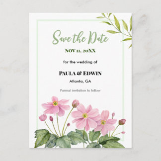 Carte Postale Faire-part Annonce de mariage Fleur d'anémone japonaise rose