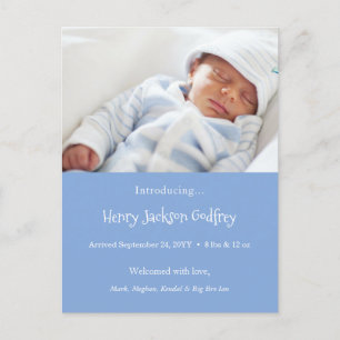 Carte Postale Faire-part Annonce de naissance avec photo de nouveau-né en b