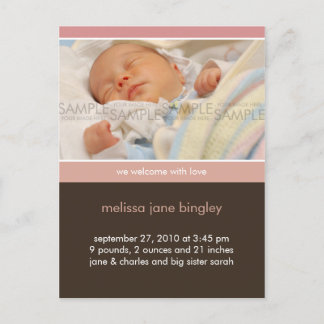 Carte Postale Faire-part Annonce de naissance bébé rose/marron • Simply You
