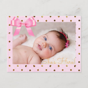 Carte Postale Faire-part Annonce de naissance "Elle est là" rose et or