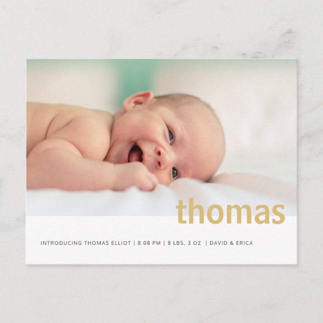 Carte Postale Faire-part Annonce de naissance photo nom gras simple bébé (Devant)