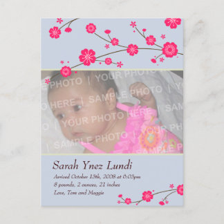 Carte Postale Faire-part Annonce de naissance sous les fleurs de cerisier