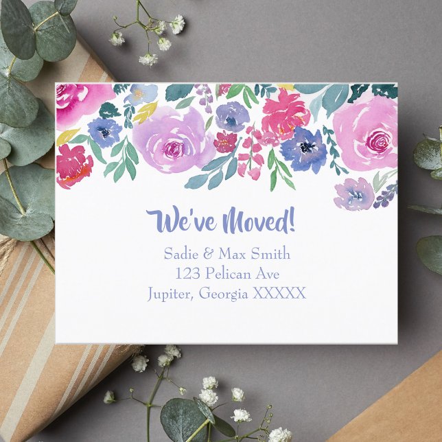 Carte Postale Faire-part Annonce de nouvelle adresse florale violette aquar (Pastel blooms on canvas, announcing a new home, memories unfurling gracefully.)