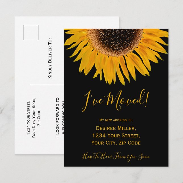 Carte Postale Faire-part Annonce de tournesol noir jaune déplacé (Devant / Derrière)