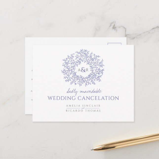 Carte Postale Faire-part Annulation du mariage de monogramme de feuille de  (Devant/Arrière en situation)