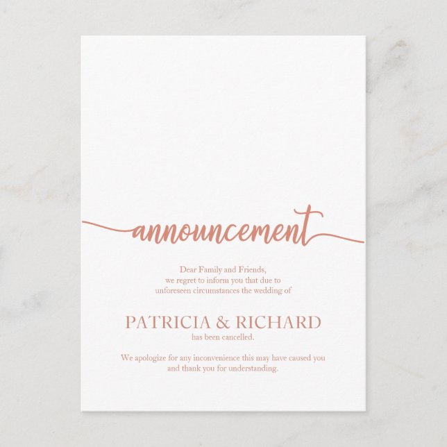 Carte Postale Faire-part Annulé Mariage Elegant Rose Gold (Devant)