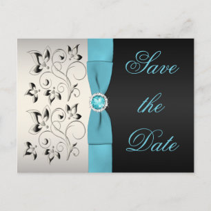 Carte Postale Faire-part Aqua, Argent et Flore noire Économisez la date