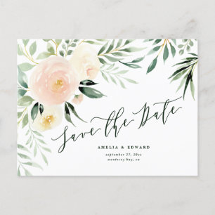 Carte Postale Faire-part aquarelle bleu pêche Mariage fleuri & feuillage