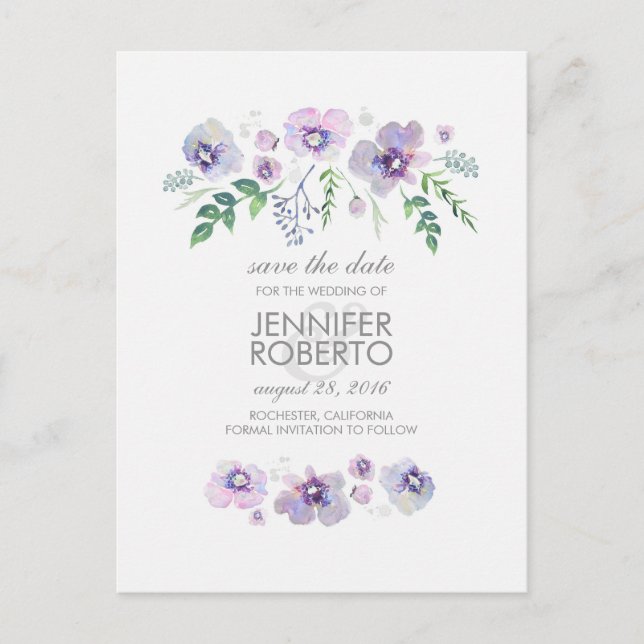 Carte Postale Faire-part Aquarelle bleu violet Fleurs mignonnes Enregistrer (Devant)