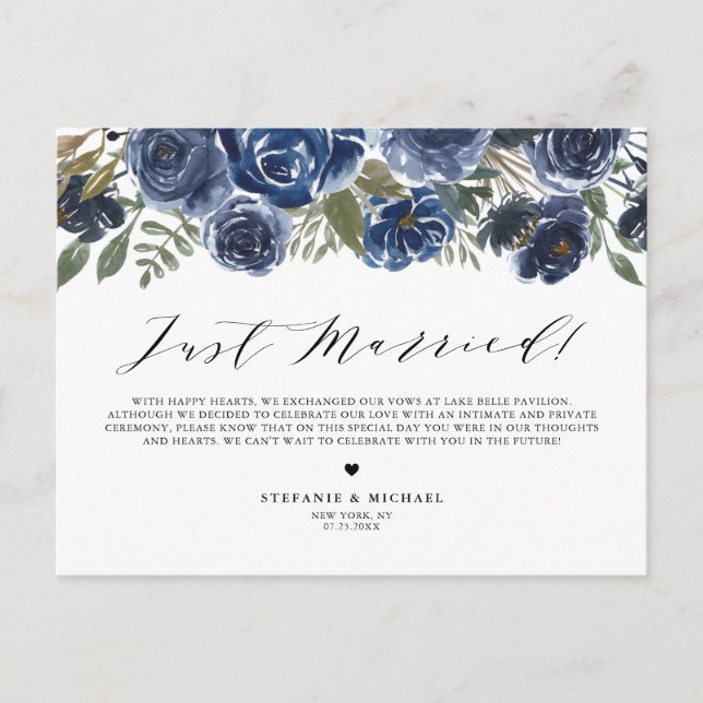 Carte Postale Faire-part Aquarelle bleue Rose Floral juste marié Mariage (Devant)
