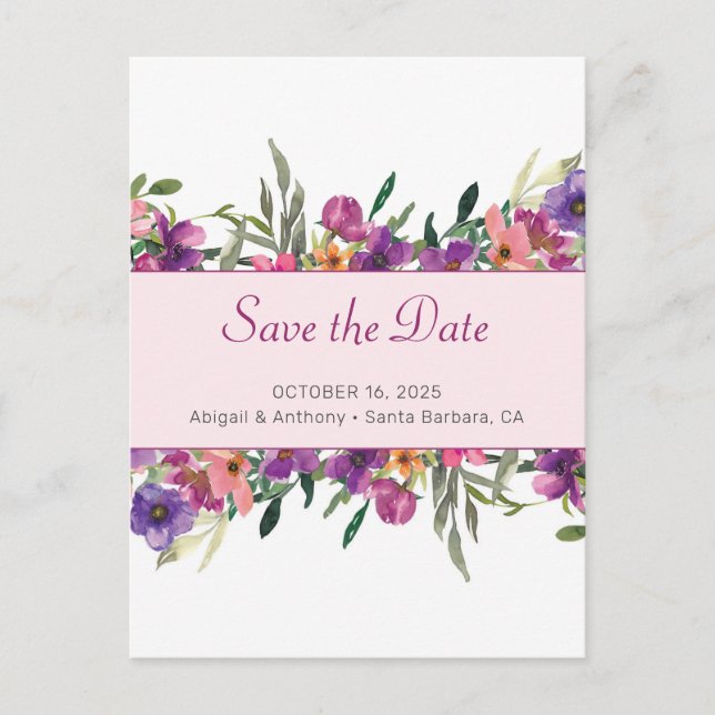 Carte Postale Faire-part Aquarelle botanique du mauve floral Enregistrer la (Devant)