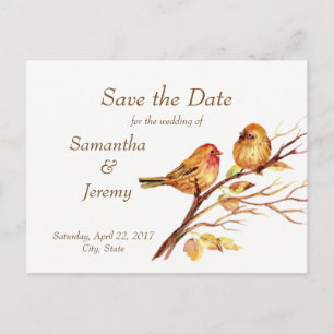 Carte Postale Faire-part Aquarelle Brown Red Gold Birds Enregistrer la date
