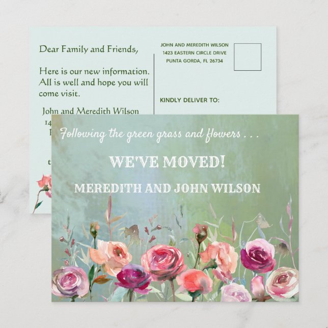 Carte Postale Faire-part Aquarelle Budget Déplacé Floral Déplacement (Devant / Derrière)