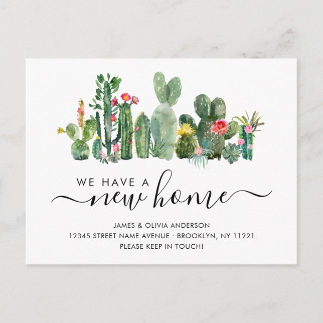 Carte Postale Faire-part Aquarelle Cactus Nous Avons Déménagé Nouvelle Mais (Devant)