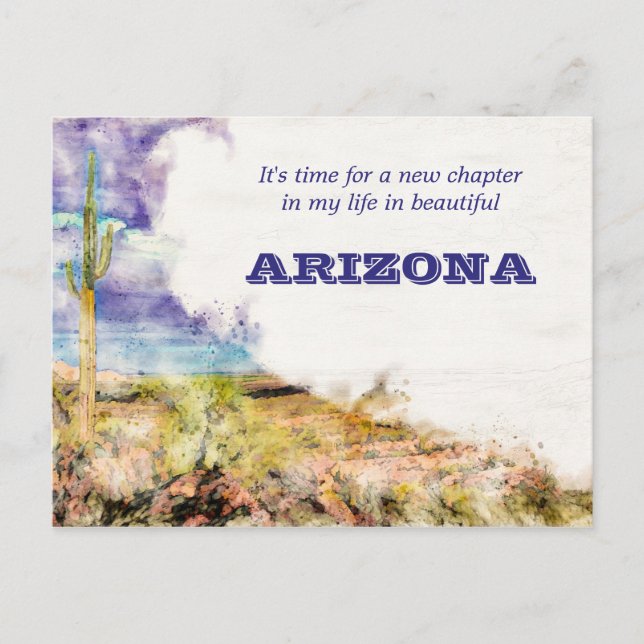 Carte Postale Faire-part Aquarelle Cactus Saguaro Bleu Violet J'ai Déménagé (Devant)