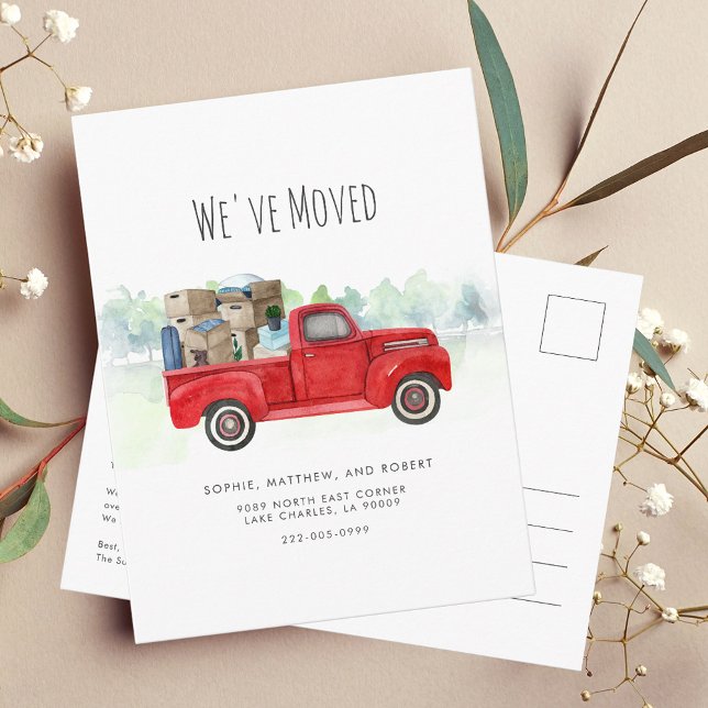 Carte Postale Faire-part Aquarelle Camion rouge Nous avons déménagé (Elegant Watercolor Red Truck Family Moving Announcement Postcard)
