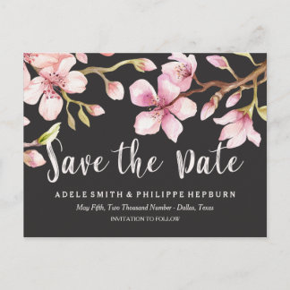 Carte Postale Faire-part Aquarelle Cerise Blossom Noir Enregistrer la date