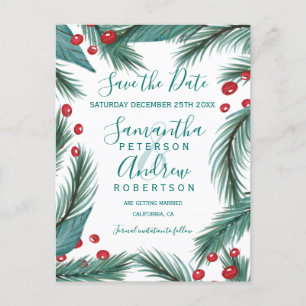 Carte Postale Faire-part Aquarelle de pin de Noël enregistrer la date
