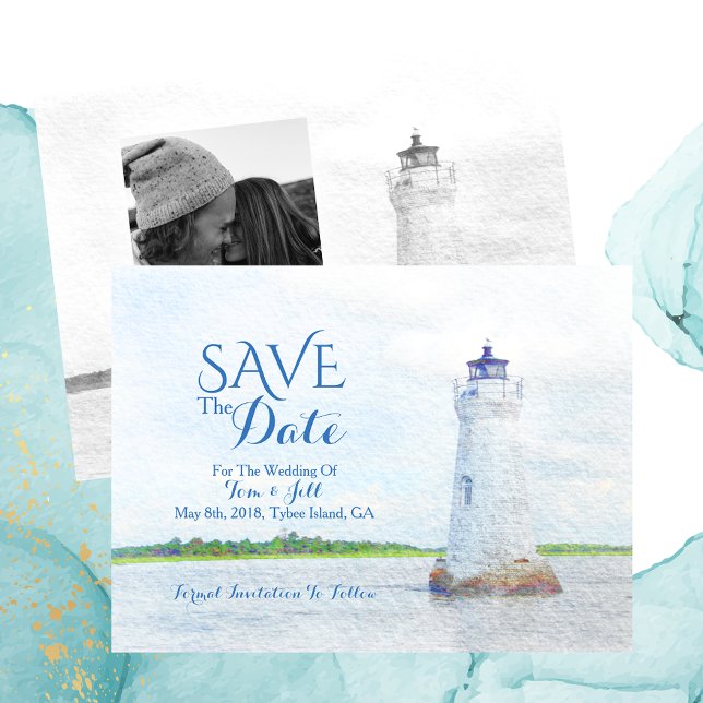 Carte Postale Faire-part Aquarelle du phare de Cockspur Photo Enregistrer l (Créateur téléchargé)