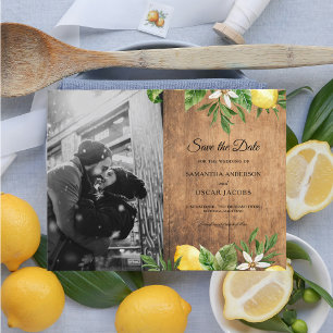Carte Postale Faire-part Aquarelle en bois vintage Citrons et feuilles jaun