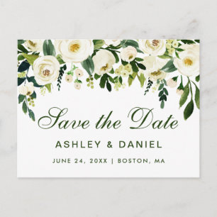 Carte Postale Faire-part Aquarelle Floral Vert Blanc Enregistrer La Date GS