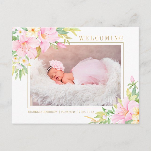 Carte Postale Faire-part Aquarelle florale Botanique rose bébé fille photo (Devant)