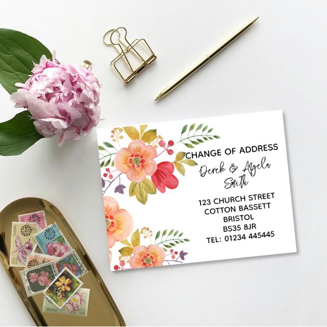 Carte Postale Faire-part Aquarelle Florale Changement d'adresse orange roug (Créateur téléchargé)