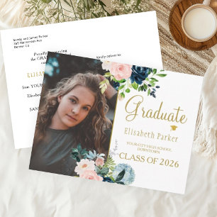Carte Postale Faire-part Aquarelle florale élégante graduation photo
