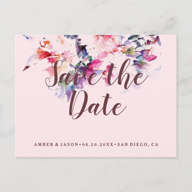 Carte Postale Faire-part Aquarelle florale rose blanc Enregistrer la date (Devant)