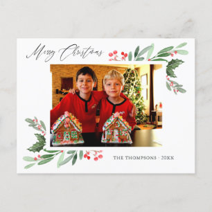 Carte Postale Faire-part Aquarelle Holly Jolly Photo de Noël