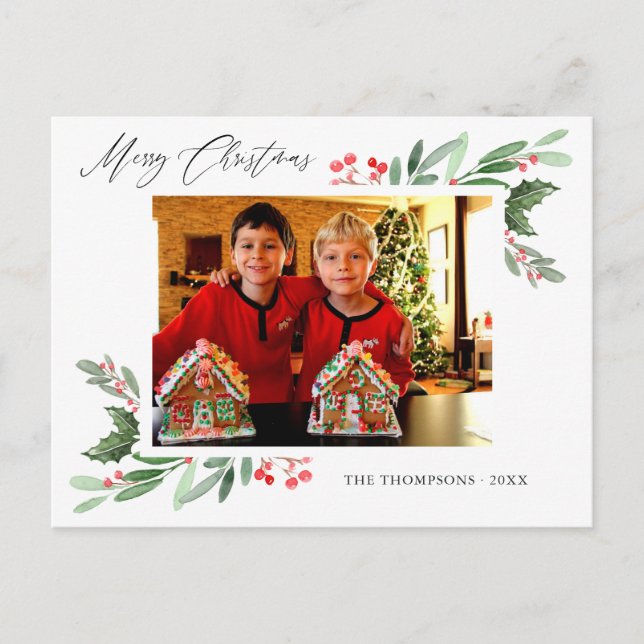 Carte Postale Faire-part Aquarelle Holly Jolly Photo de Noël (Devant)