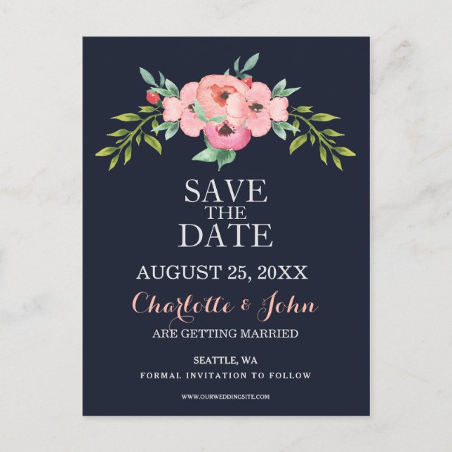 Carte Postale Faire-part Aquarelle Mariage Élégant Floral Bleu Marine Rosé (Devant)