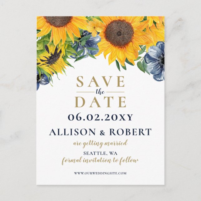 Carte Postale Faire-part Aquarelle Marine Bleu Tournesol Mariage rustique (Devant)