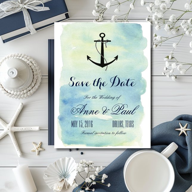 Carte Postale Faire-part Aquarelle marine Enregistrer la date (Nautical watercolor Save the Date Announcement Postcard)