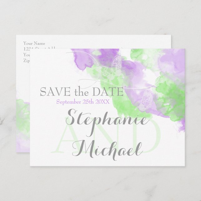 Carte Postale Faire-part Aquarelle Papillon Matcha Lilac SavetheDate (Devant / Derrière)