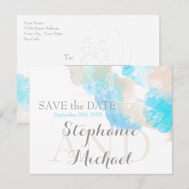 Carte Postale Faire-part Aquarelle Papillon Turquoise ivoire SavetheDate (Devant / Derrière)
