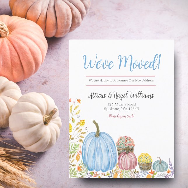 Carte Postale Faire-part Aquarelle Pastel Mums, Citrouille Automne Moving (Announce your move with the elegance of autumn in every detail.)
