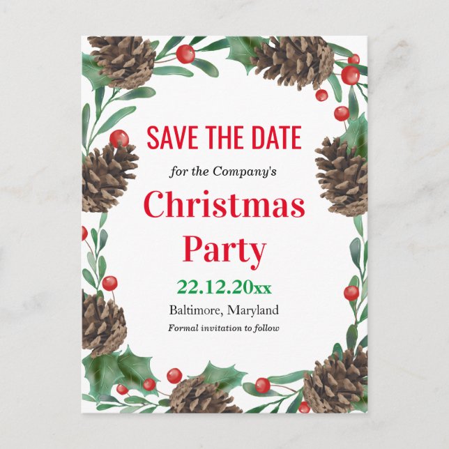 Carte Postale Faire-part Aquarelle Pinecones Sauvez La Date Fête De Noël (Devant)