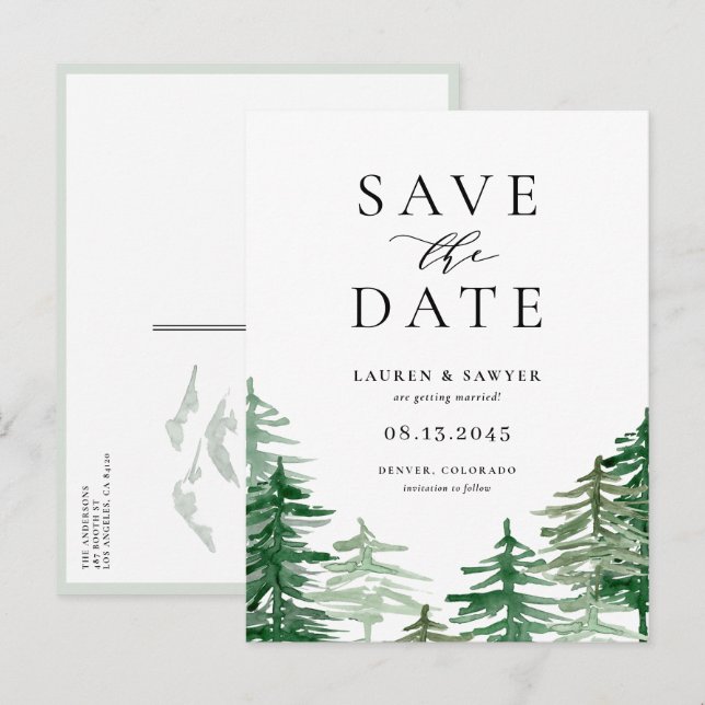 Carte Postale Faire-part Aquarelle romantique Forêt de bois Enregistrer la  (Devant / Derrière)