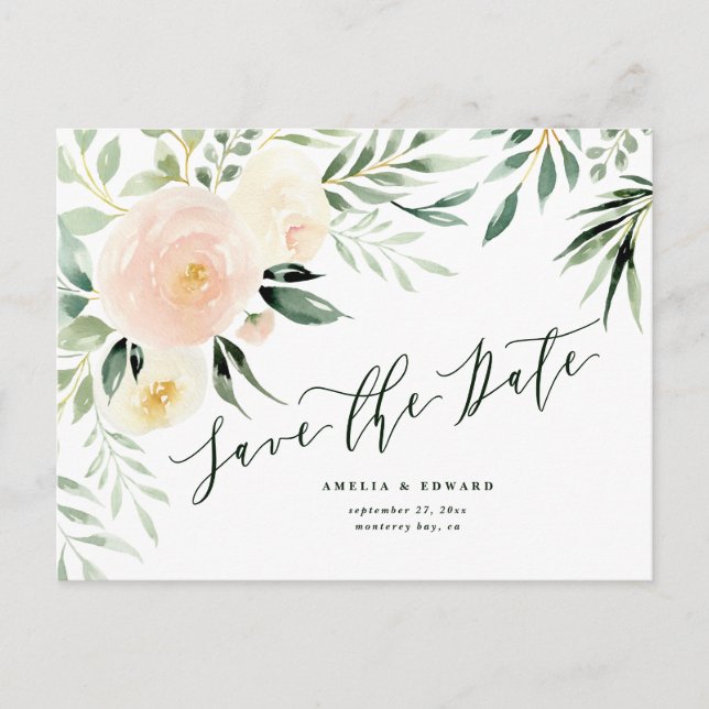 Carte Postale Faire-part aquarelle rose pêche floral et feuillage Mariage (Devant)