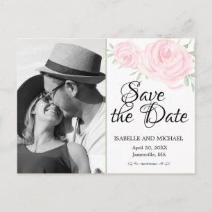 Carte Postale Faire-part Aquarelle rose vif Roses Photo Enregistrer la date