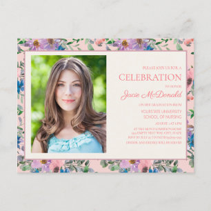 Carte Postale Faire-part Aquarelle rose violet Floral Nural School Grad