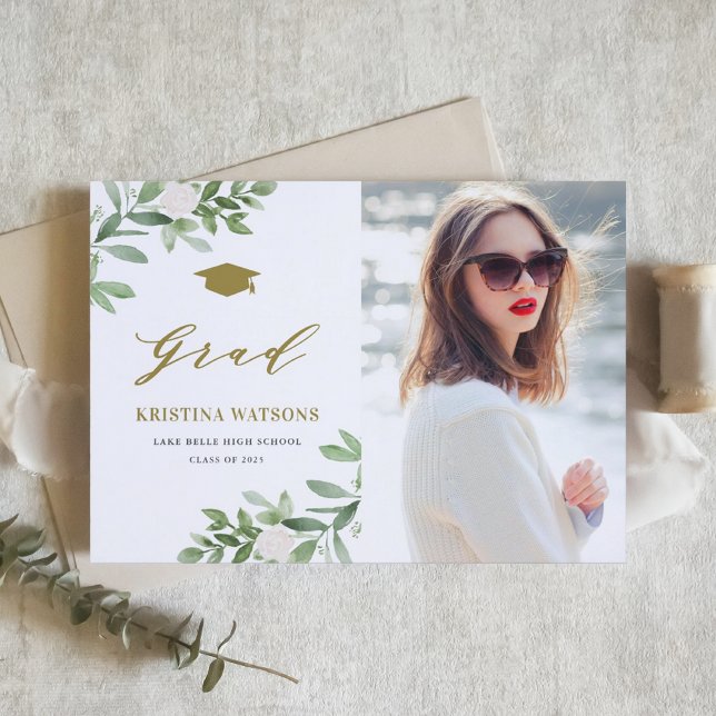 Carte Postale Faire-part Aquarelle Verdure Fleurs blanches Graduation (Personalized photo graduation announcement postcard featuring watercolor greenery and white flowers.)