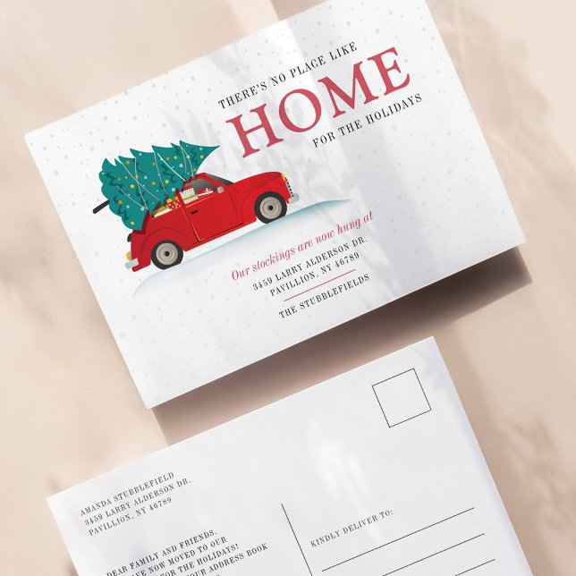 Carte Postale Faire-part Arbre de Noël Fête Adresse de déménagement (Cute Red Car Christmas Holiday Moving Announcement Postcard)