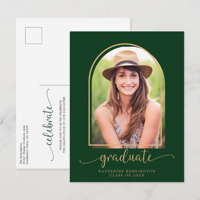 Carte Postale Faire-part Arch Green Gold Photo Party (Devant / Derrière)