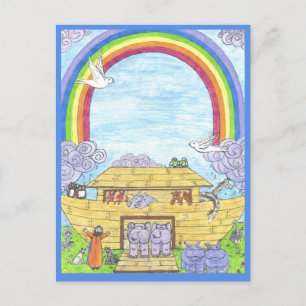 Carte Postale Faire-part Arche de Noah aquarelle arc-en-ciel amusant élépha