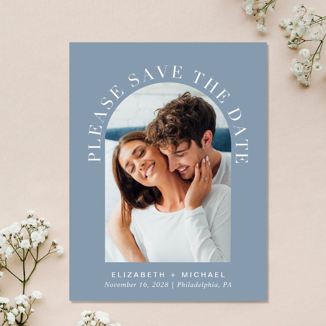 Carte Postale Faire-part Arche de photo élégante bleu poussiéreux Save The  (Celebrate your love story with a save the date showcasing your photo in an elegant arch frame)