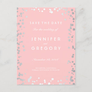 Carte Postale Faire-part Argent Confetti rose Élégant Enregistrer la date